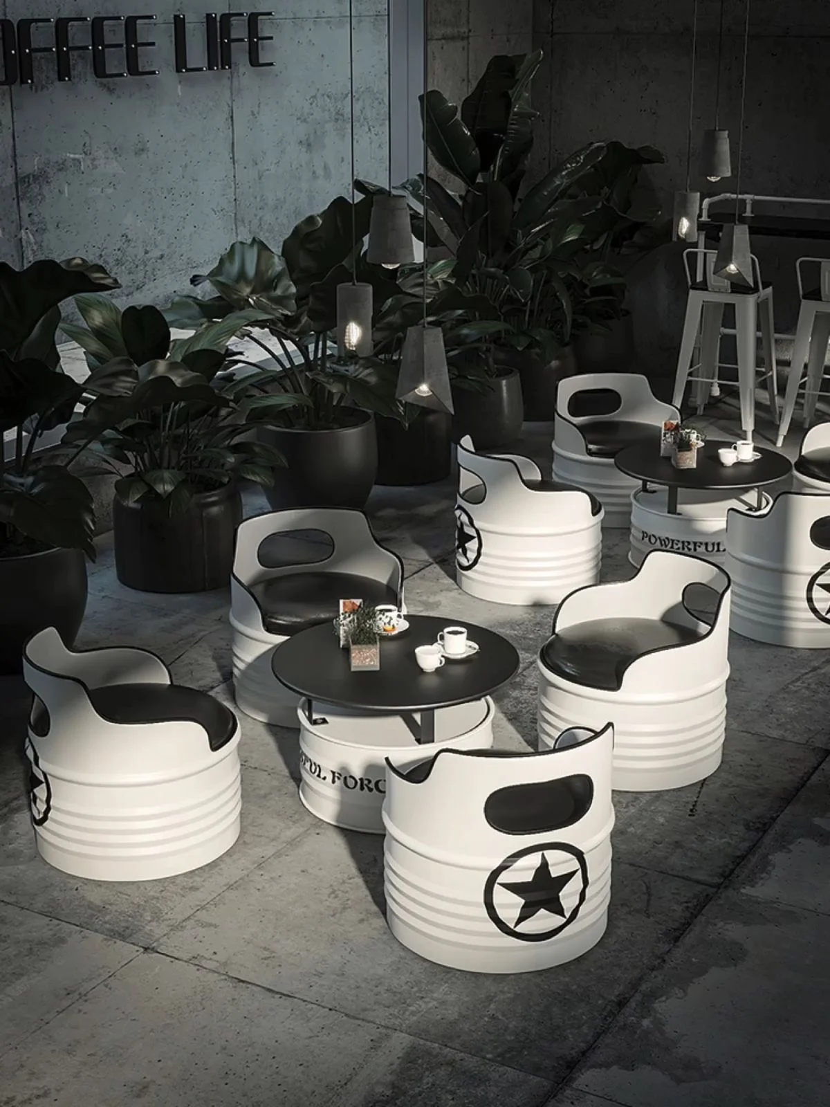 USTA BARREL CUSTOM Premium Lounge Varil Oturma Seti (5’li – 4 Koltuk + 1 Sehpa)